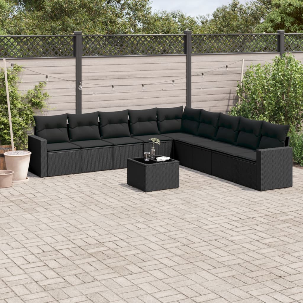 10-tlg. Garten-Sofagarnitur mit Kissen Schwarz Poly Rattan