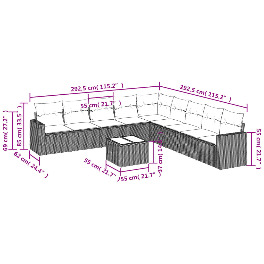 10-tlg. Garten-Sofagarnitur mit Kissen Hellgrau Poly Rattan