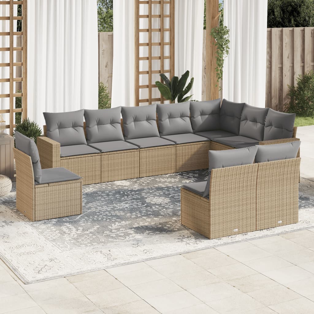 10-tlg. Garten-Sofagarnitur mit Kissen Beige Poly Rattan