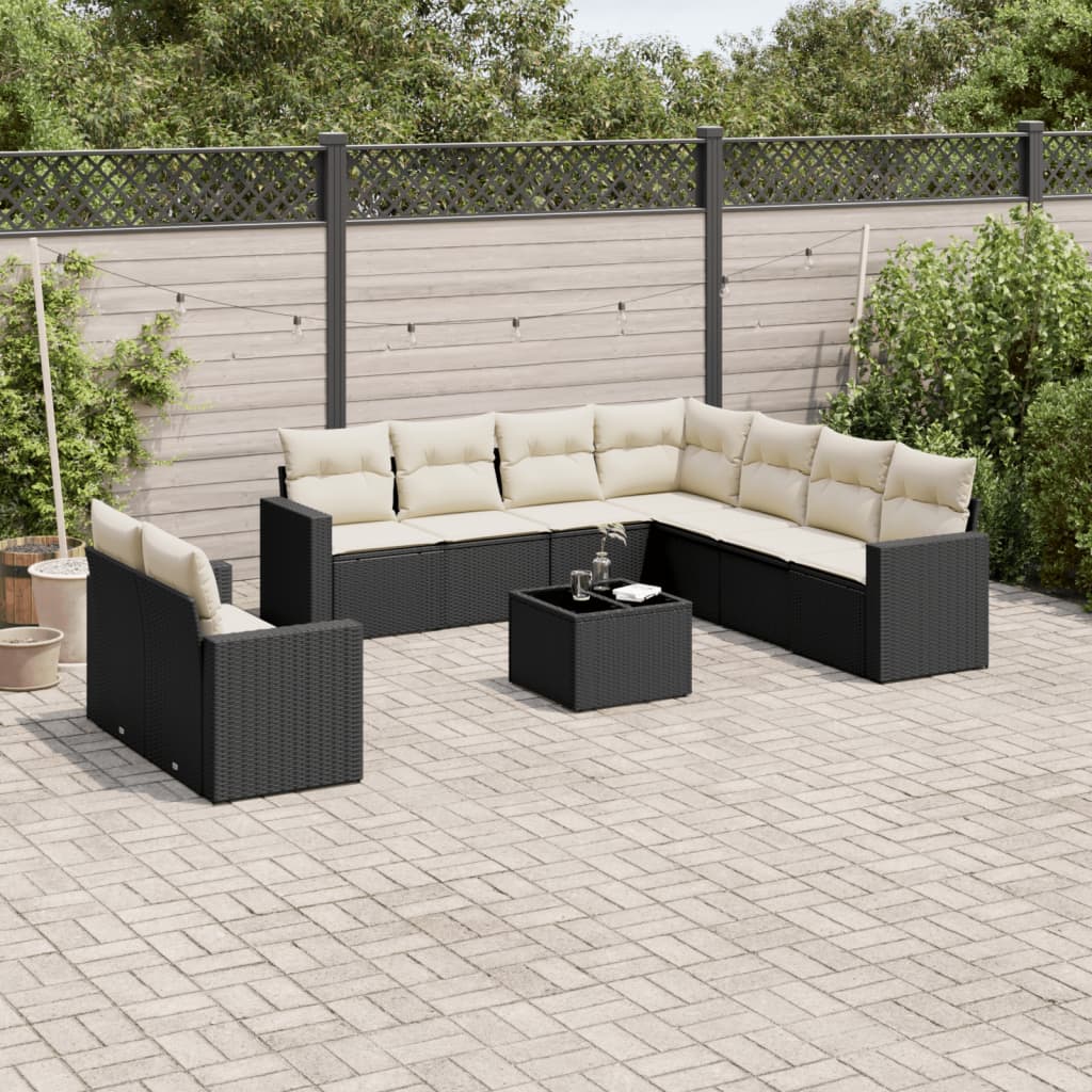 10-tlg. Garten-Sofagarnitur mit Kissen Schwarz Poly Rattan