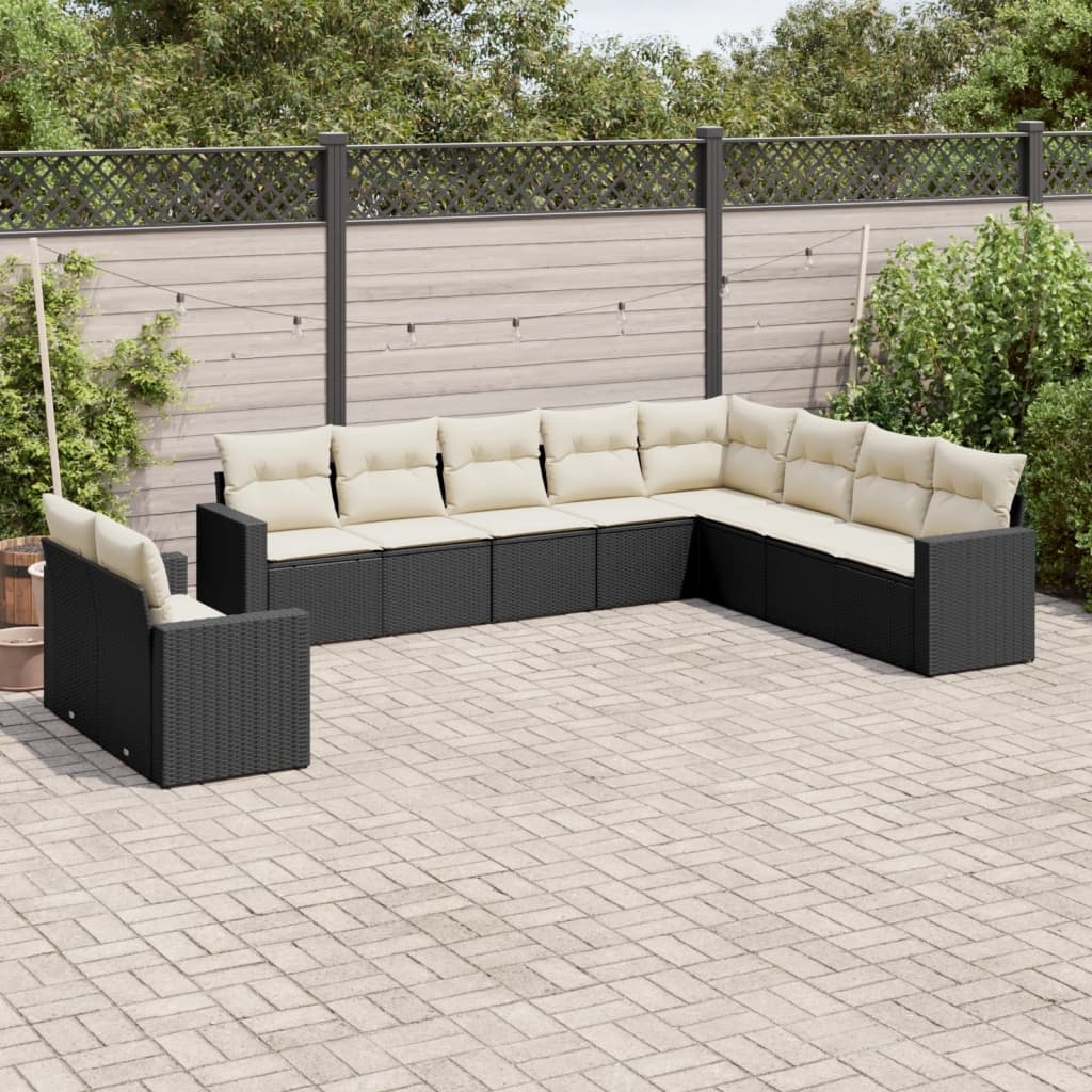 10-tlg. Garten-Sofagarnitur mit Kissen Schwarz Poly Rattan