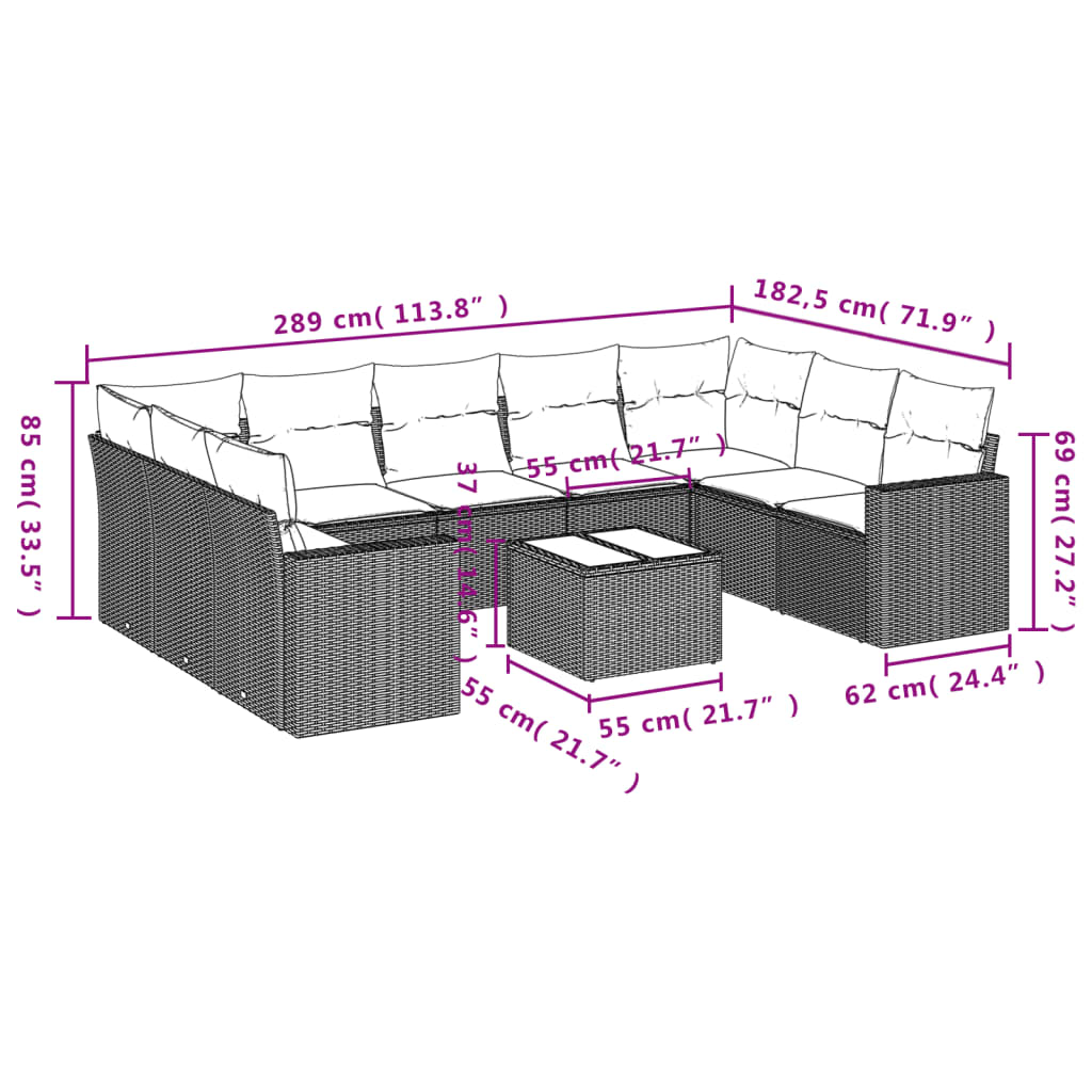 10-tlg. Garten-Sofagarnitur mit Kissen Schwarz Poly Rattan