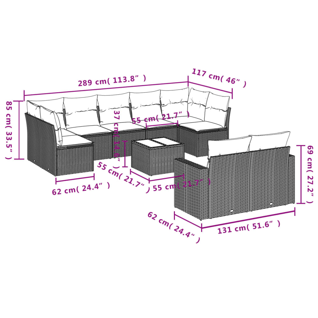 10-tlg. Garten-Sofagarnitur mit Kissen Grau Poly Rattan