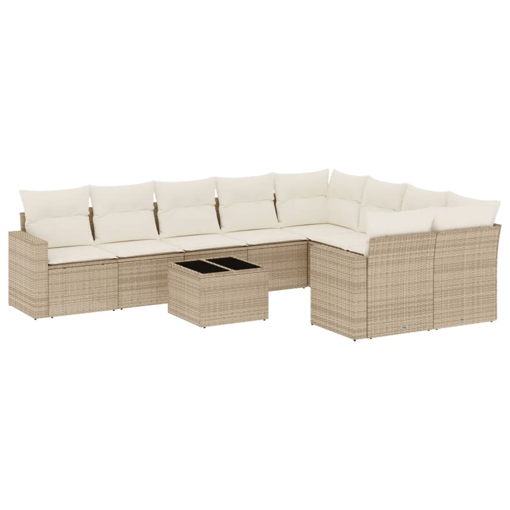 10-tlg. Garten-Sofagarnitur mit Kissen Beige Poly Rattan