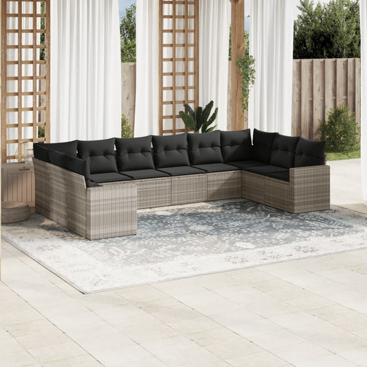 10-tlg. Garten-Sofagarnitur mit Kissen Hellgrau Poly Rattan