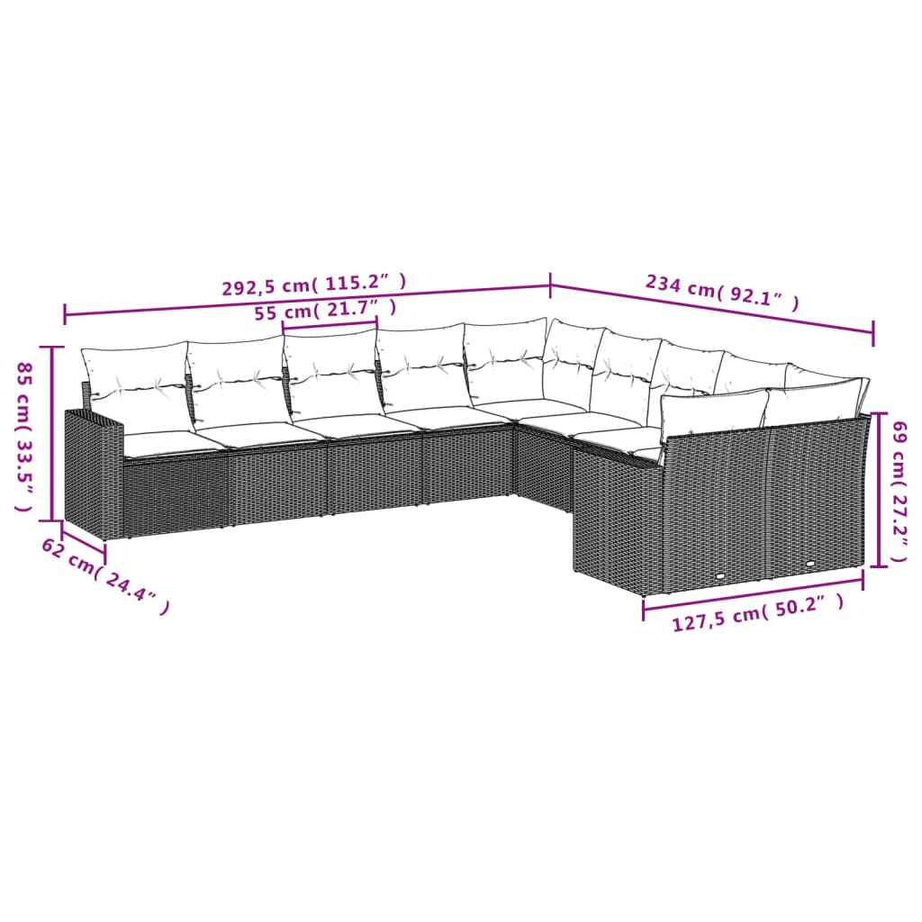 10-tlg. Garten-Sofagarnitur mit Kissen Grau Poly Rattan