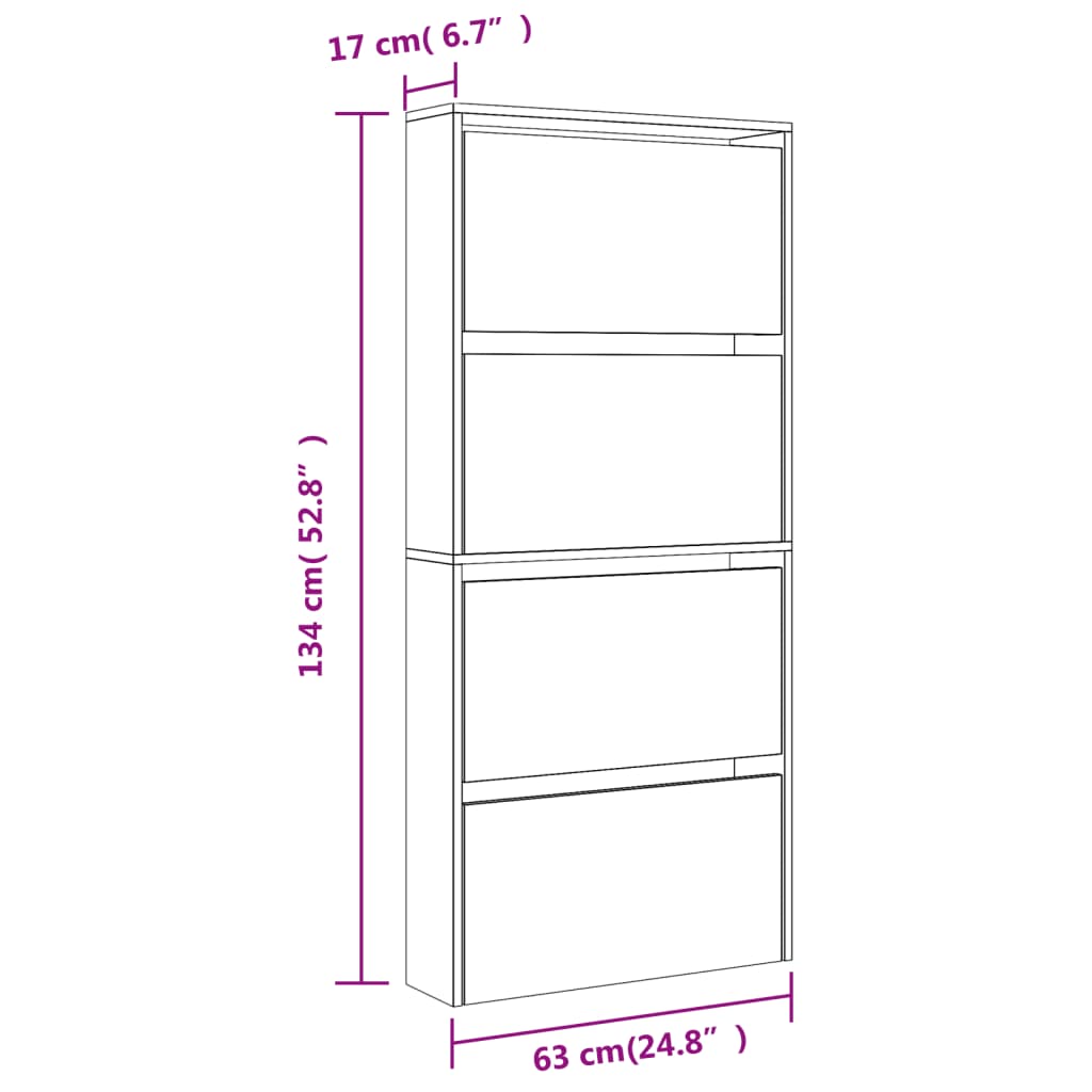 Schuhschrank mit Spiegel 4 Fächer Braun Eiche-Optik 63x17x134cm