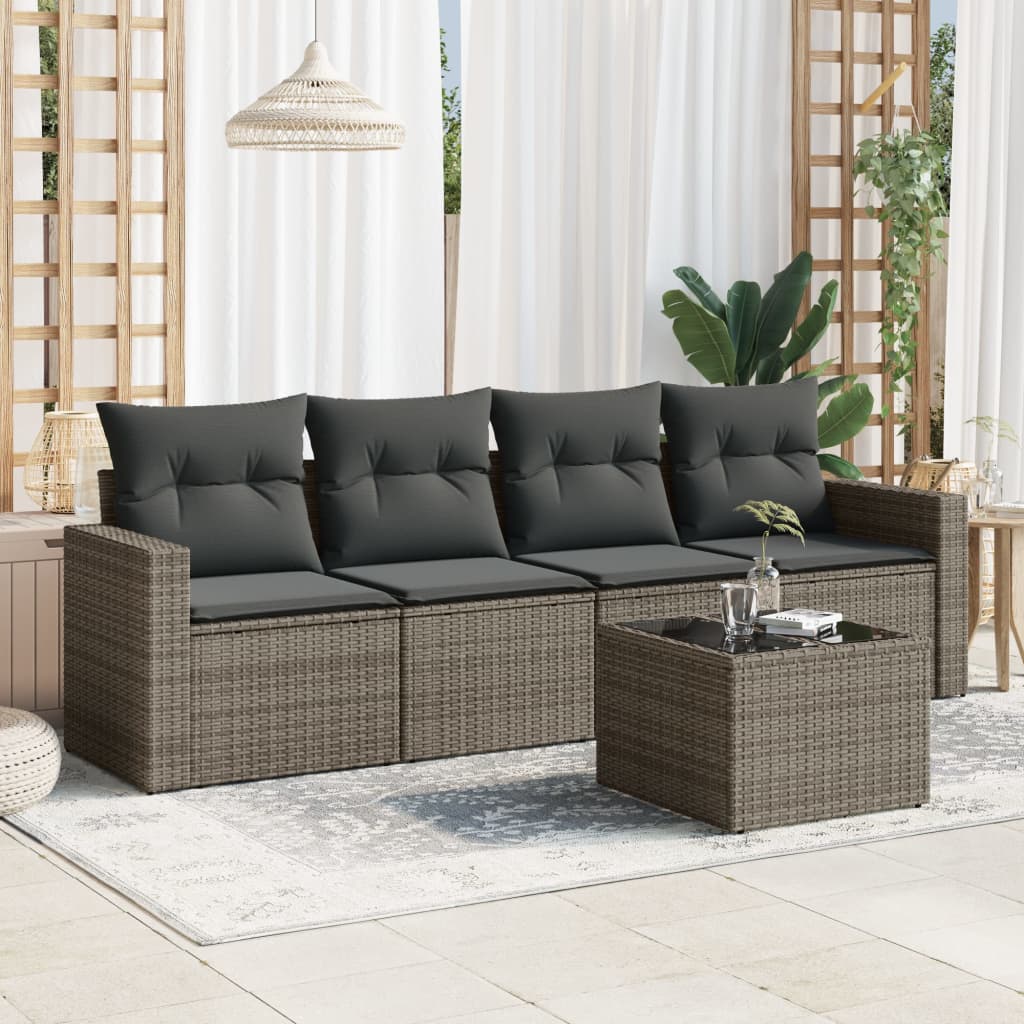 5-tlg. Garten-Sofagarnitur mit Kissen Grau Poly Rattan