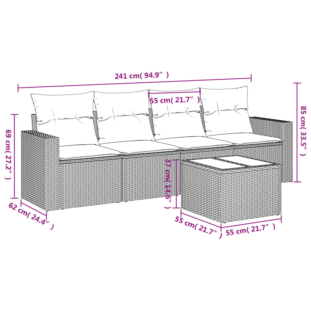 5-tlg. Garten-Sofagarnitur mit Kissen Hellgrau Poly Rattan