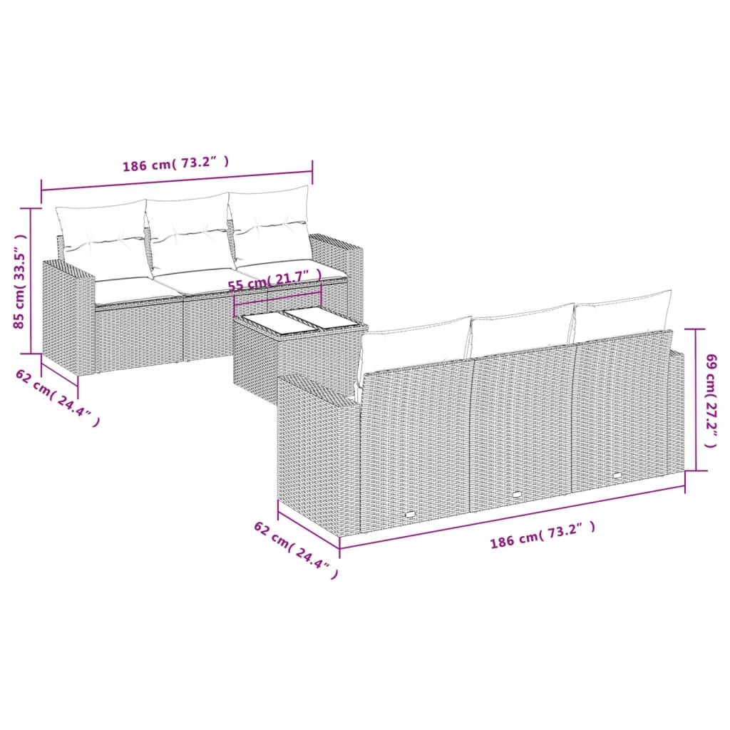 7-tlg. Garten-Sofagarnitur mit Kissen Hellgrau Poly Rattan