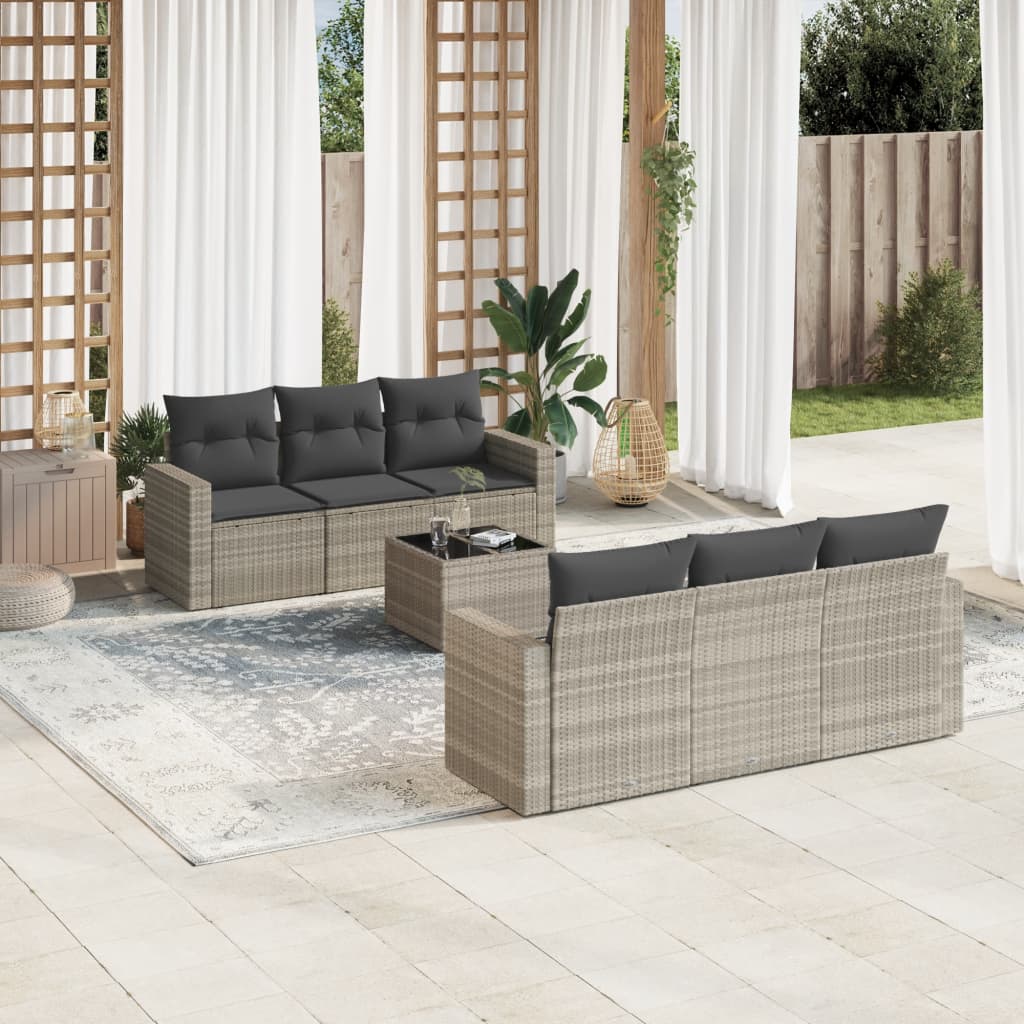 7-tlg. Garten-Sofagarnitur mit Kissen Hellgrau Poly Rattan