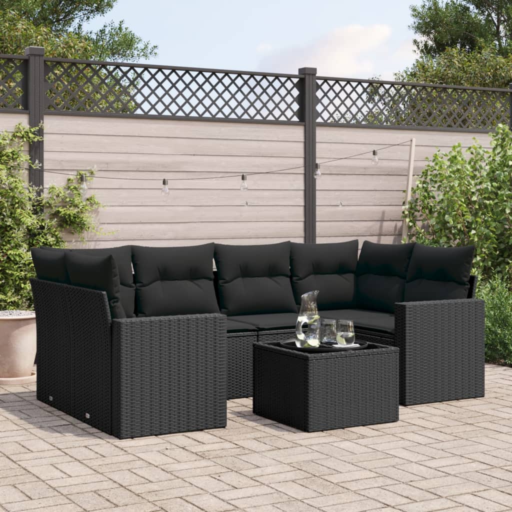 7-tlg. Garten-Sofagarnitur mit Kissen Schwarz Poly Rattan