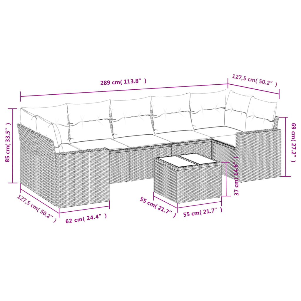 8-tlg. Garten-Sofagarnitur mit Kissen Grau Poly Rattan