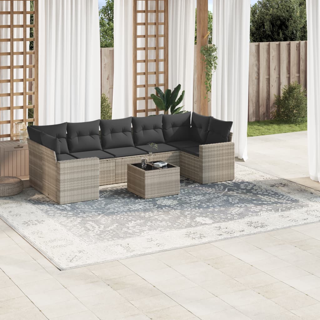 8-tlg. Garten-Sofagarnitur mit Kissen Hellgrau Poly Rattan