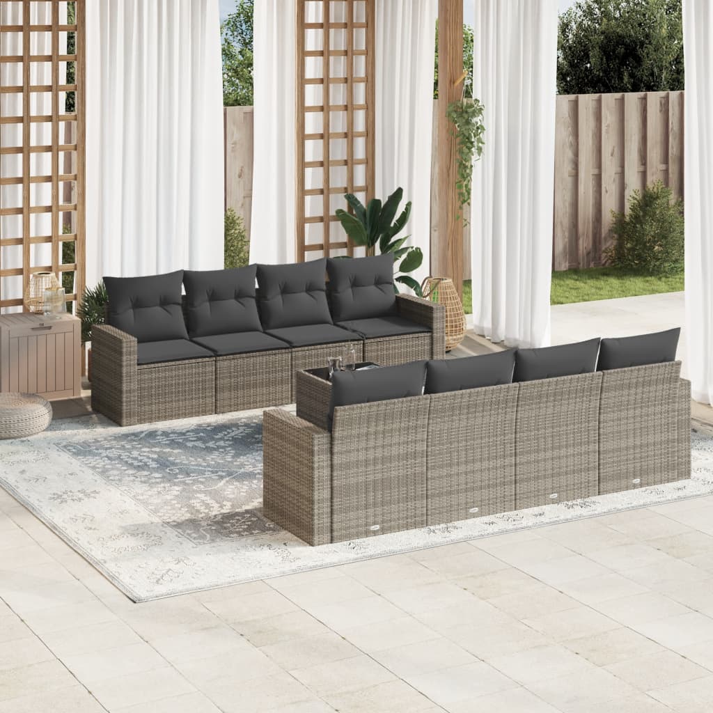 9-tlg. Garten-Sofagarnitur mit Kissen Grau Poly Rattan