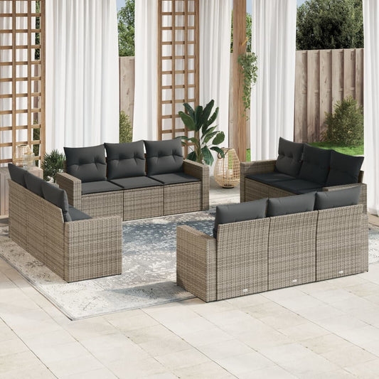 12-tlg. Garten-Sofagarnitur mit Kissen Grau Poly Rattan