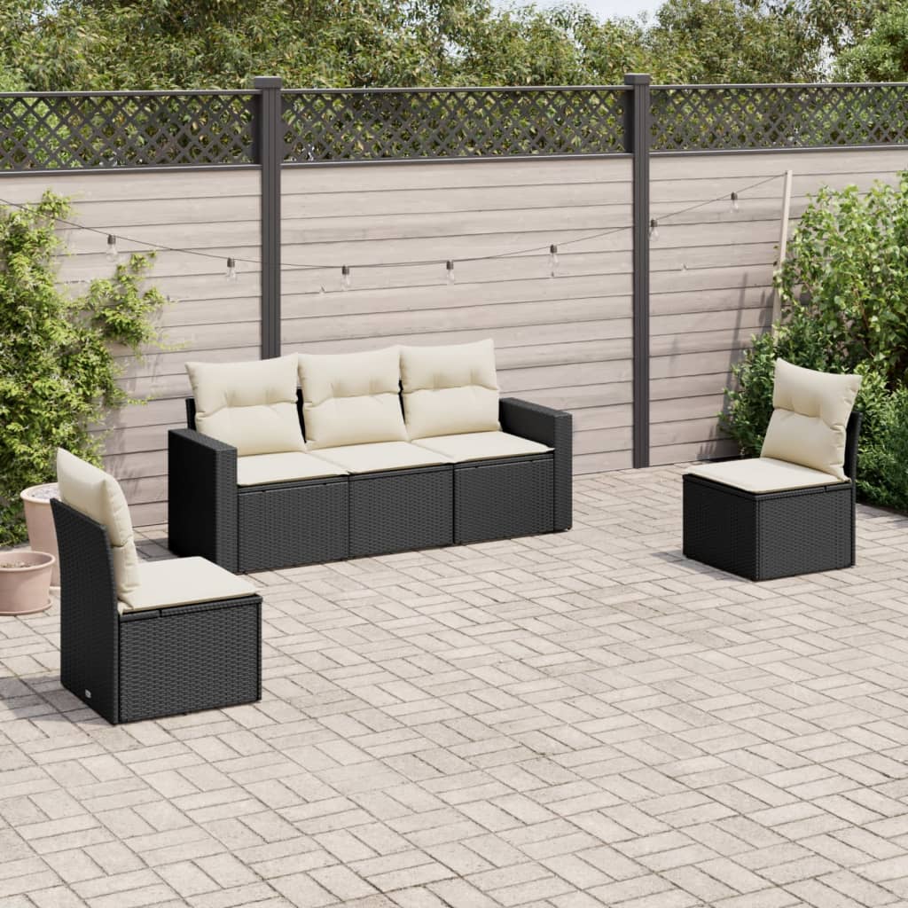 5-tlg. Garten-Sofagarnitur mit Kissen Schwarz Poly Rattan