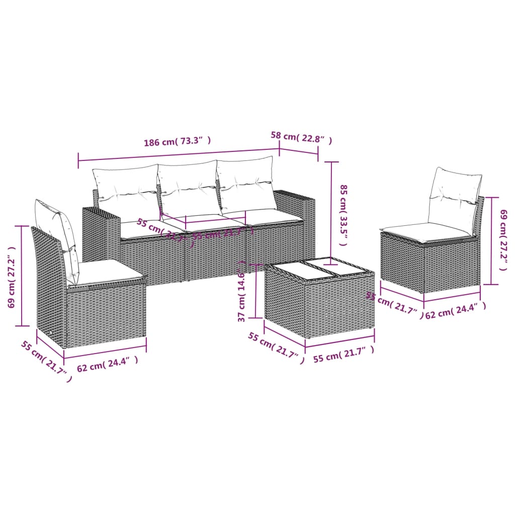 6-tlg. Garten-Sofagarnitur mit Kissen Grau Poly Rattan