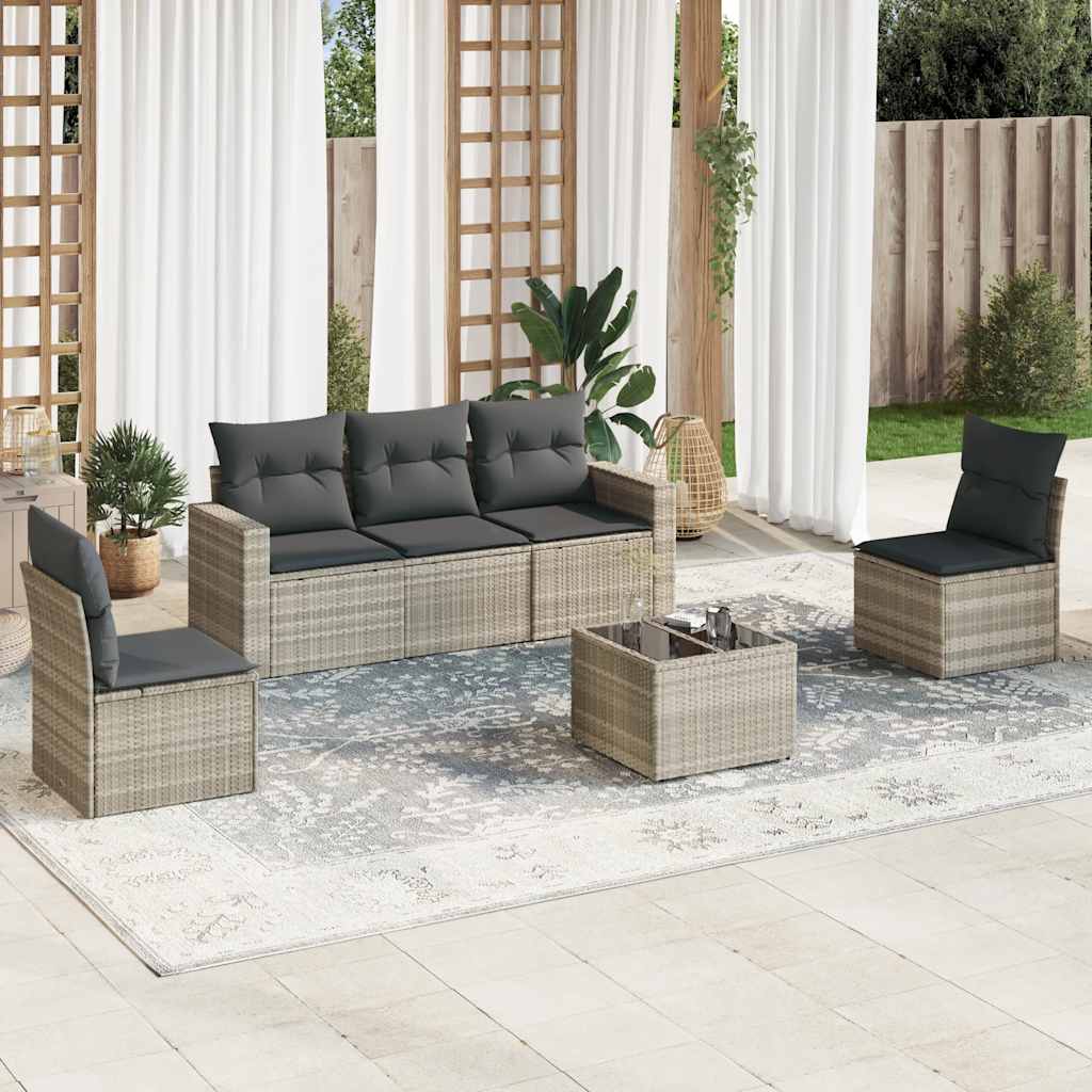 6-tlg. Garten-Sofagarnitur mit Kissen Hellgrau Poly Rattan