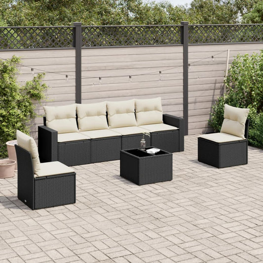 7-tlg. Garten-Sofagarnitur mit Kissen Schwarz Poly Rattan