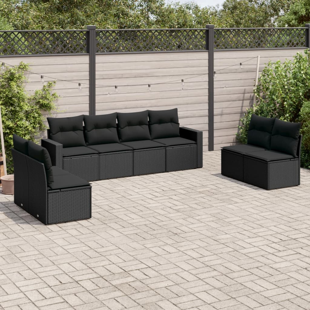 8-tlg. Garten-Sofagarnitur mit Kissen Schwarz Poly Rattan