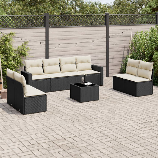 9-tlg. Garten-Sofagarnitur mit Kissen Schwarz Poly Rattan