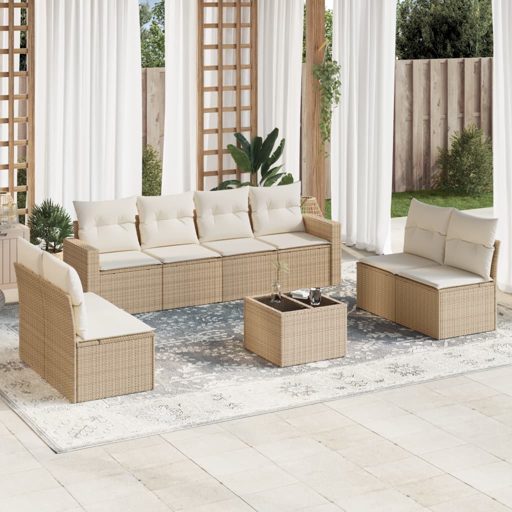 9-tlg. Garten-Sofagarnitur mit Kissen Beige Poly Rattan