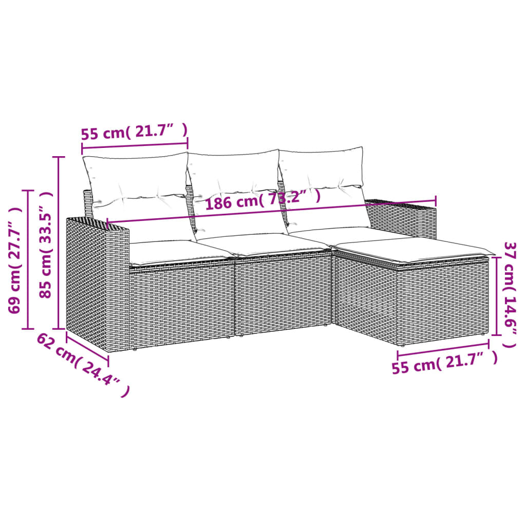 4-tlg. Garten-Sofagarnitur mit Kissen Schwarz Poly Rattan