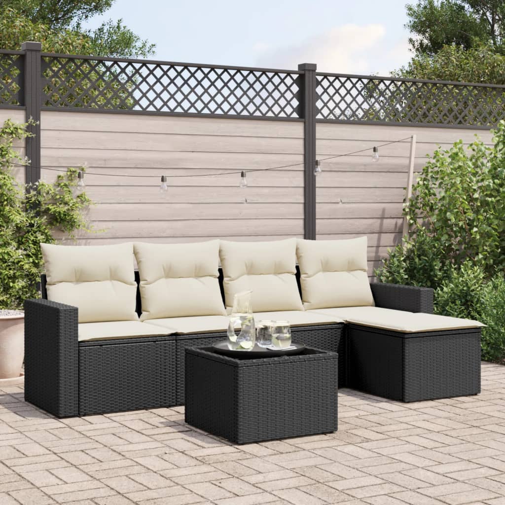 6-tlg. Garten-Sofagarnitur mit Kissen Schwarz Poly Rattan