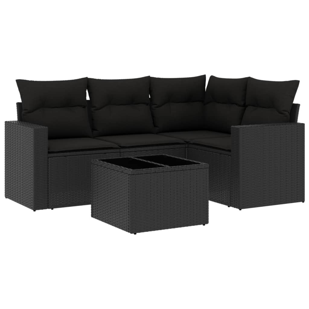 5-tlg. Garten-Sofagarnitur mit Kissen Schwarz Poly Rattan