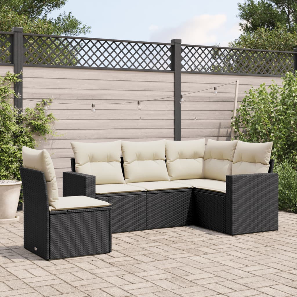 5-tlg. Garten-Sofagarnitur mit Kissen Schwarz Poly Rattan