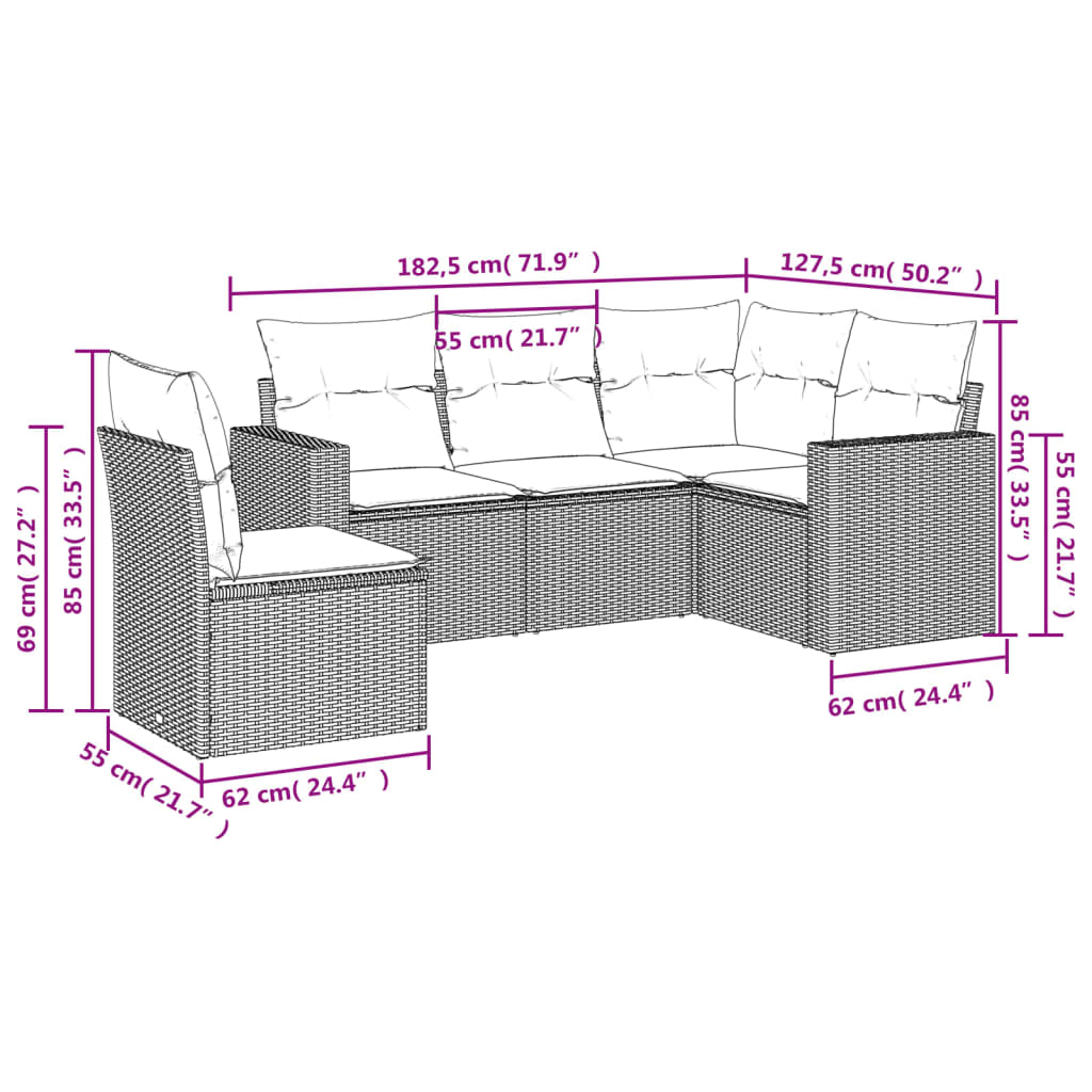 5-tlg. Garten-Sofagarnitur mit Kissen Hellgrau Poly Rattan