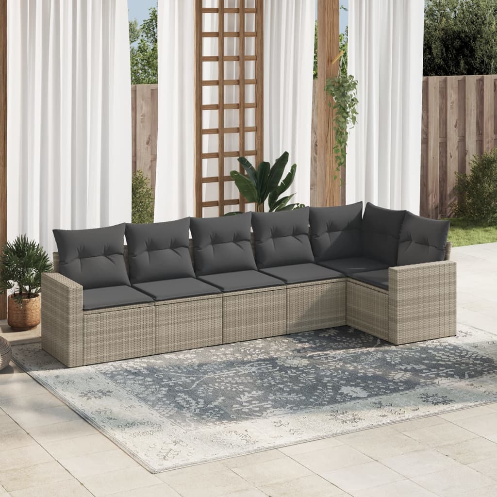 6-tlg. Garten-Sofagarnitur mit Kissen Hellgrau Poly Rattan