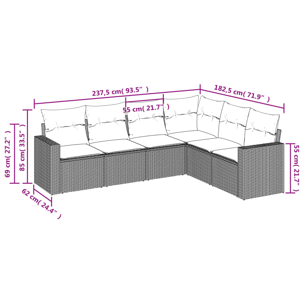 6-tlg. Garten-Sofagarnitur mit Kissen Grau Poly Rattan