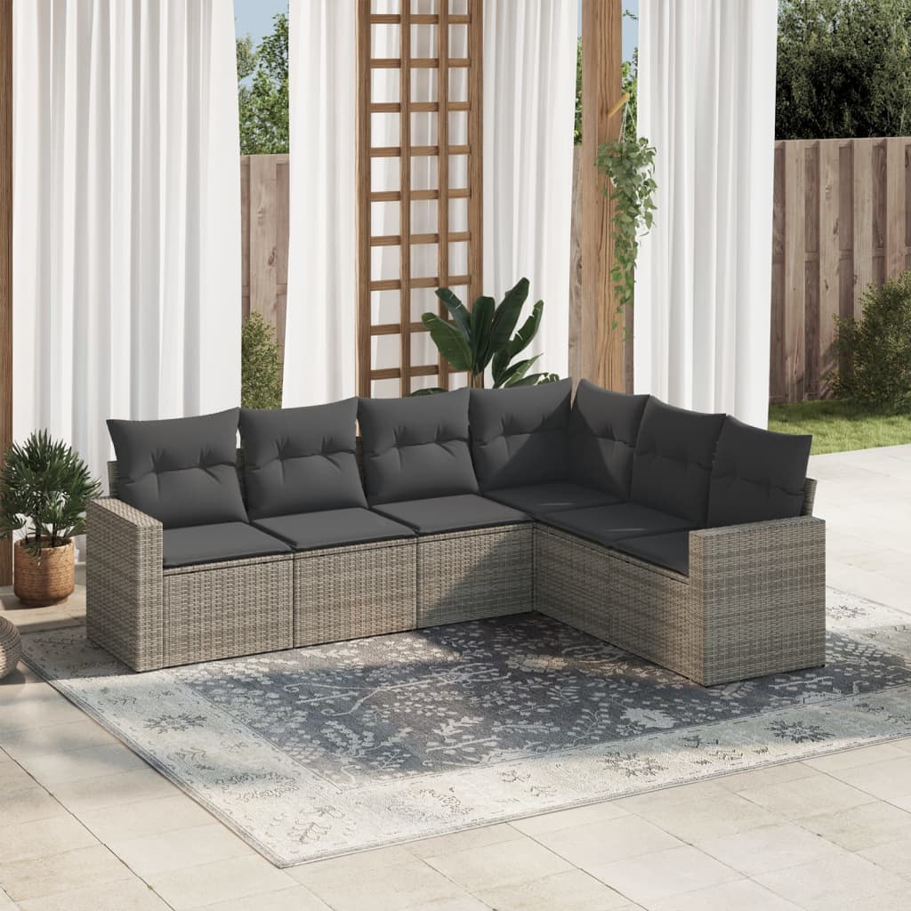 6-tlg. Garten-Sofagarnitur mit Kissen Grau Poly Rattan