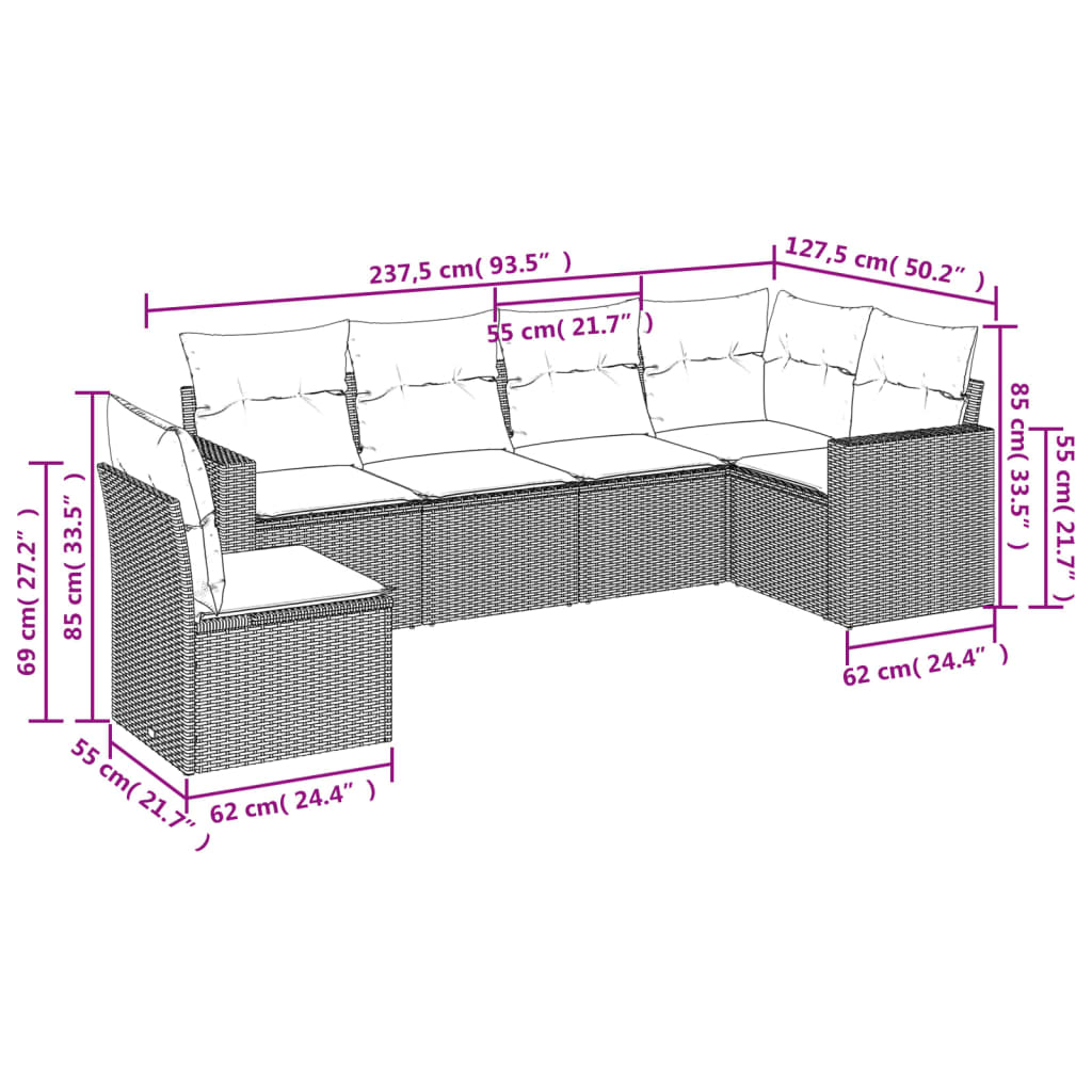 6-tlg. Garten-Sofagarnitur mit Kissen Schwarz Poly Rattan