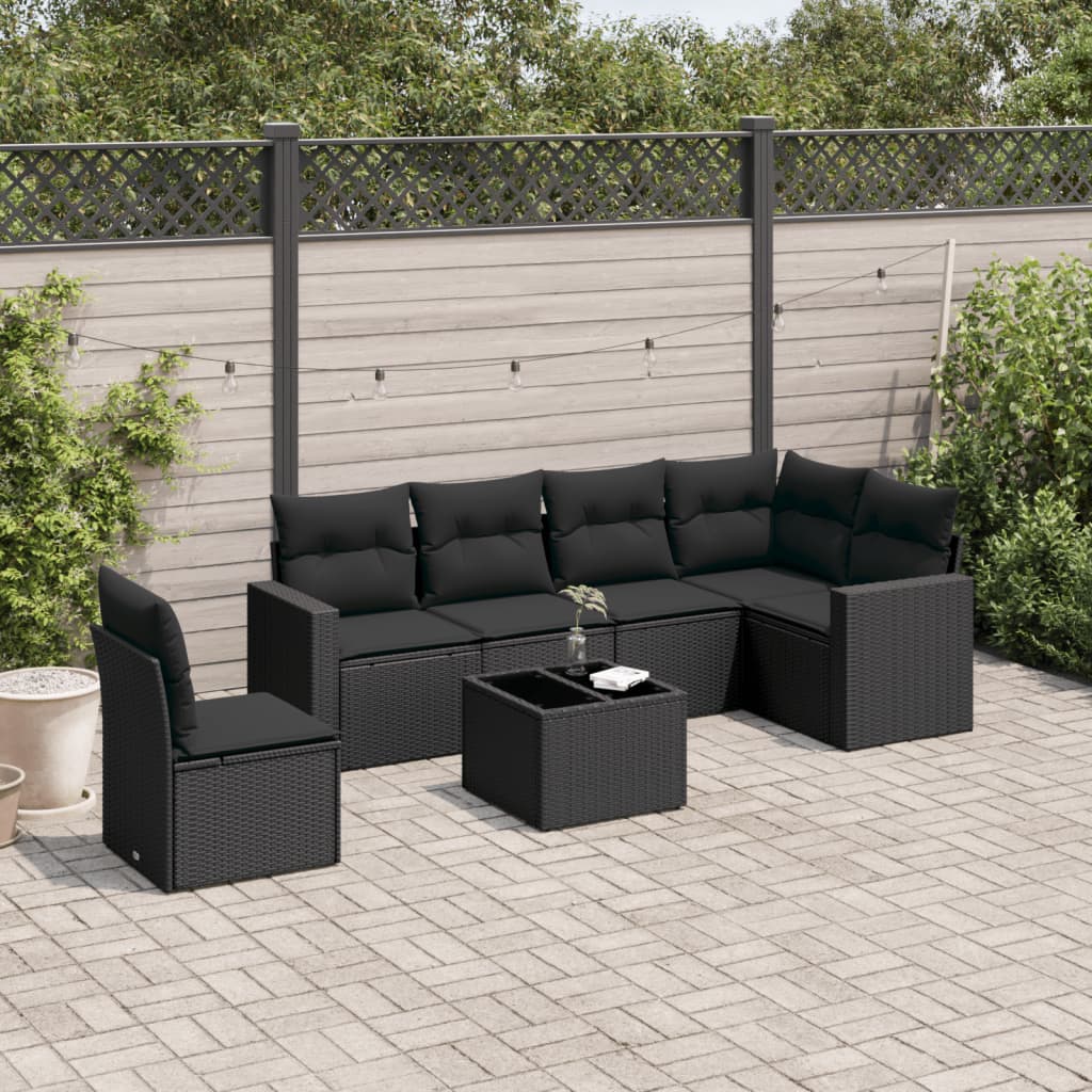 7-tlg. Garten-Sofagarnitur mit Kissen Schwarz Poly Rattan