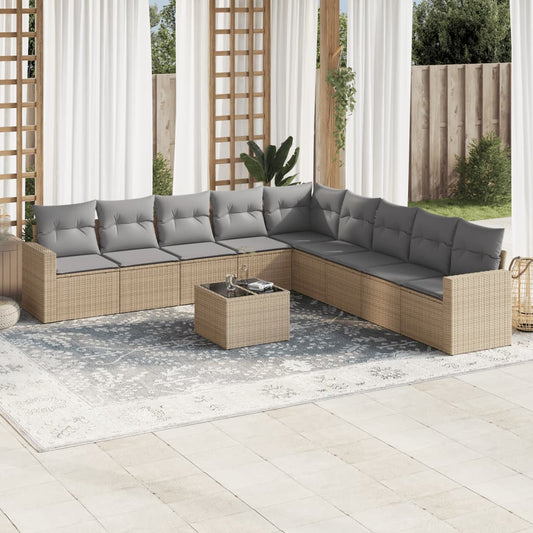 10-tlg. Garten-Sofagarnitur mit Kissen Beige Poly Rattan