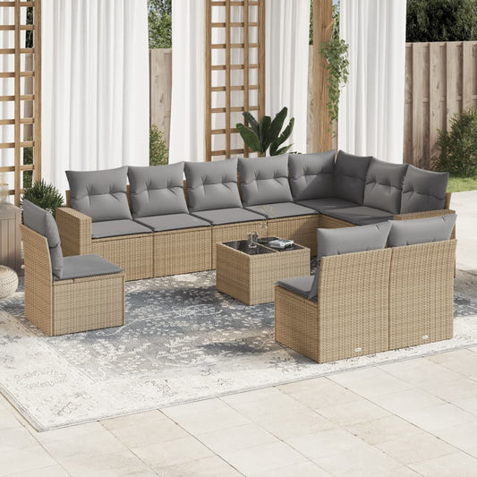 11-tlg. Garten-Sofagarnitur mit Kissen Beige Poly Rattan