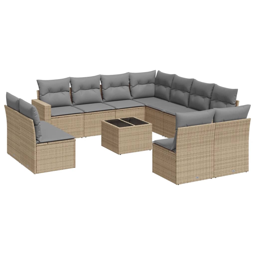 12-tlg. Garten-Sofagarnitur mit Kissen Beige Poly Rattan