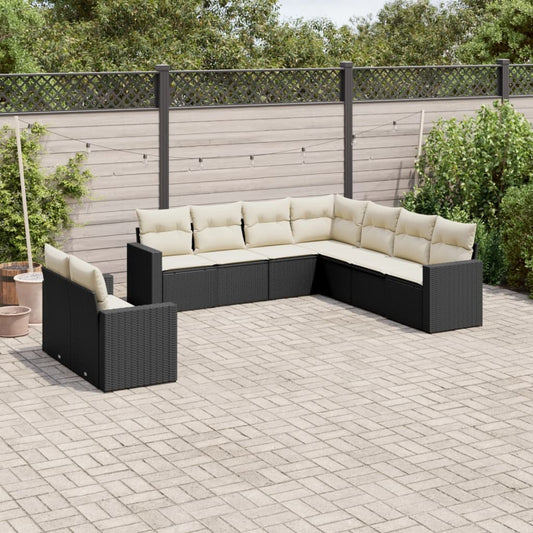 9-tlg. Garten-Sofagarnitur mit Kissen Schwarz Poly Rattan