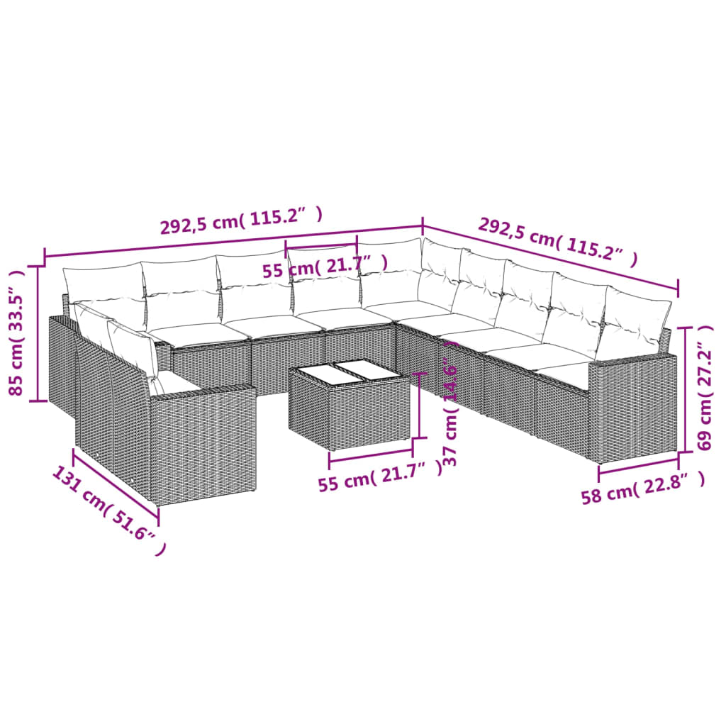 12-tlg. Garten-Sofagarnitur mit Kissen Schwarz Poly Rattan