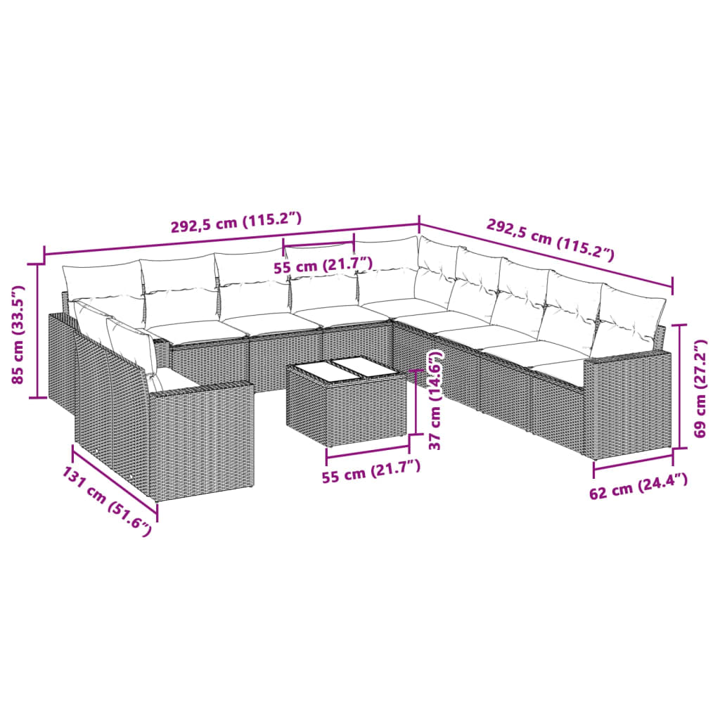 12-tlg. Garten-Sofagarnitur mit Kissen Hellgrau Poly Rattan