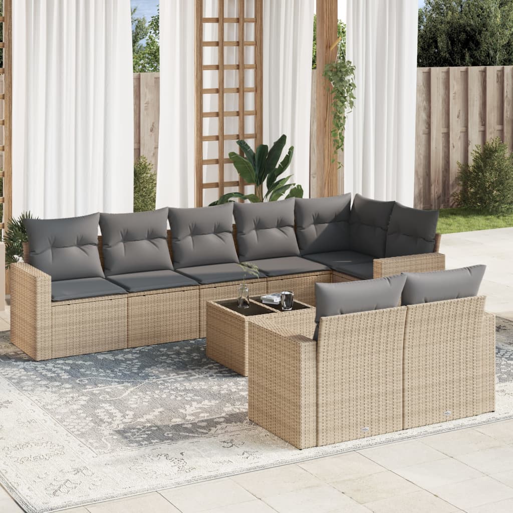 9-tlg. Garten-Sofagarnitur mit Kissen Beige Poly Rattan