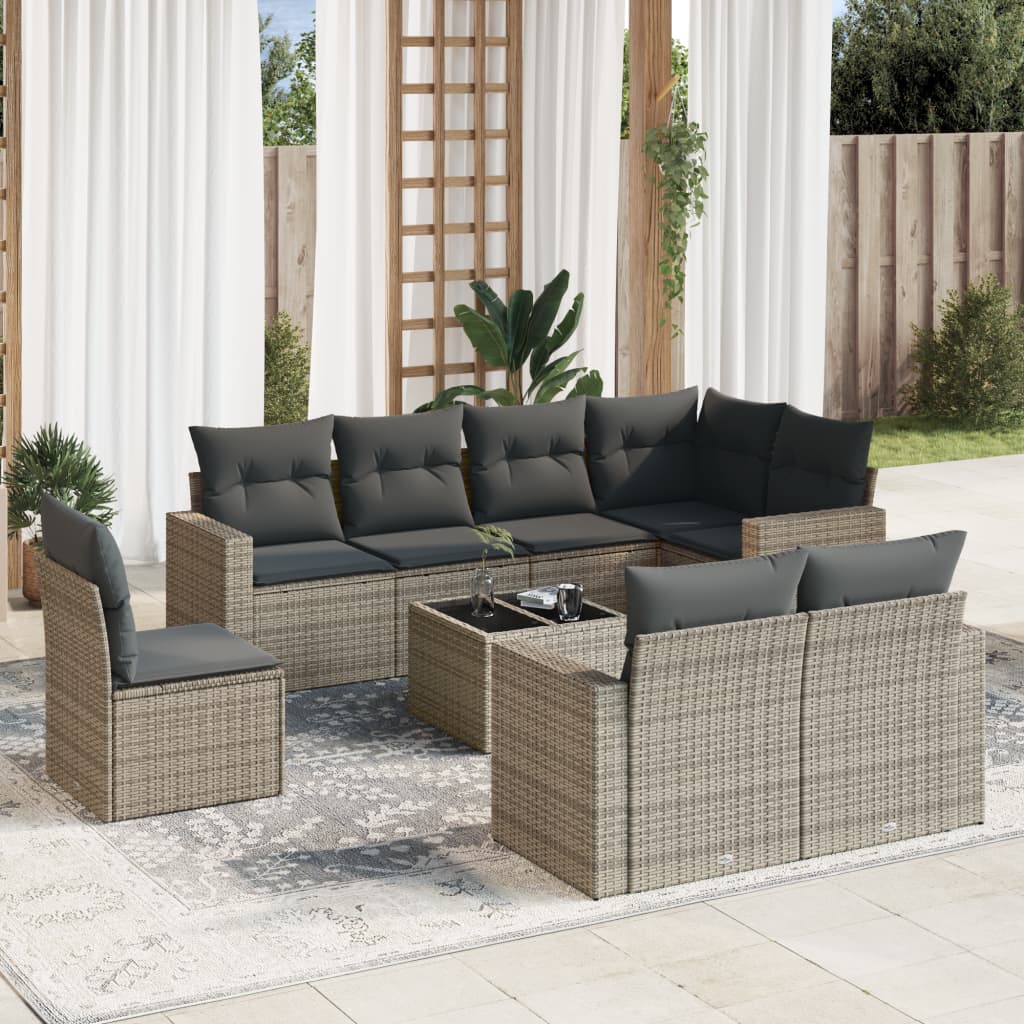 9-tlg. Garten-Sofagarnitur mit Kissen Grau Poly Rattan