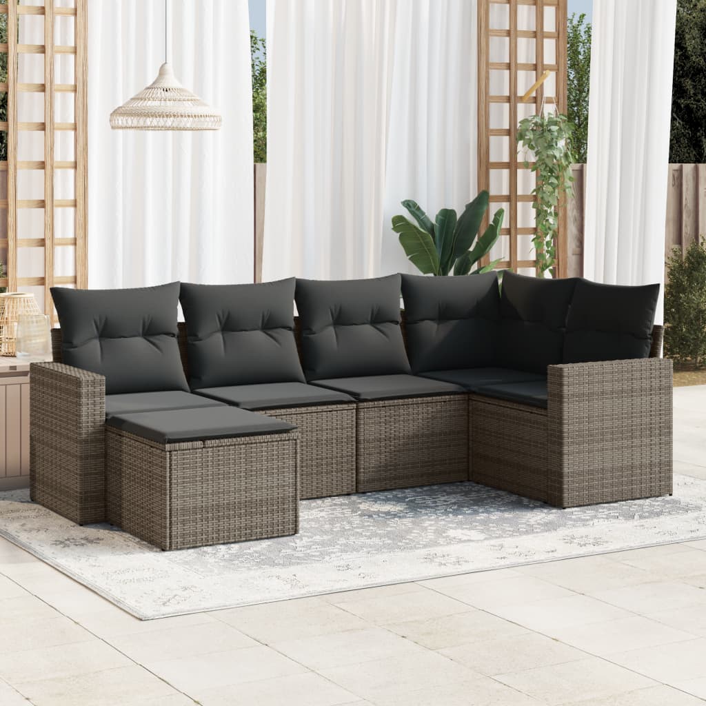 6-tlg. Garten-Sofagarnitur mit Kissen Grau Poly Rattan