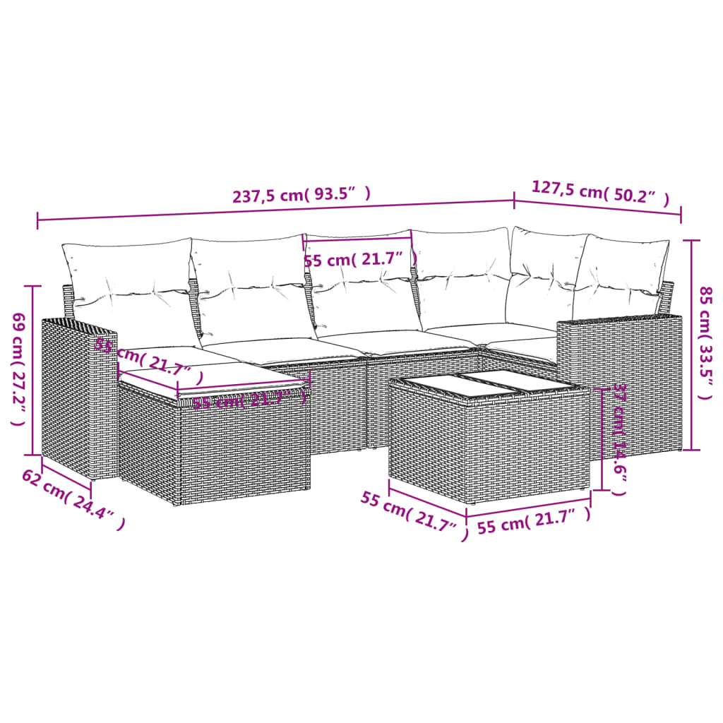 7-tlg. Garten-Sofagarnitur mit Kissen Grau Poly Rattan