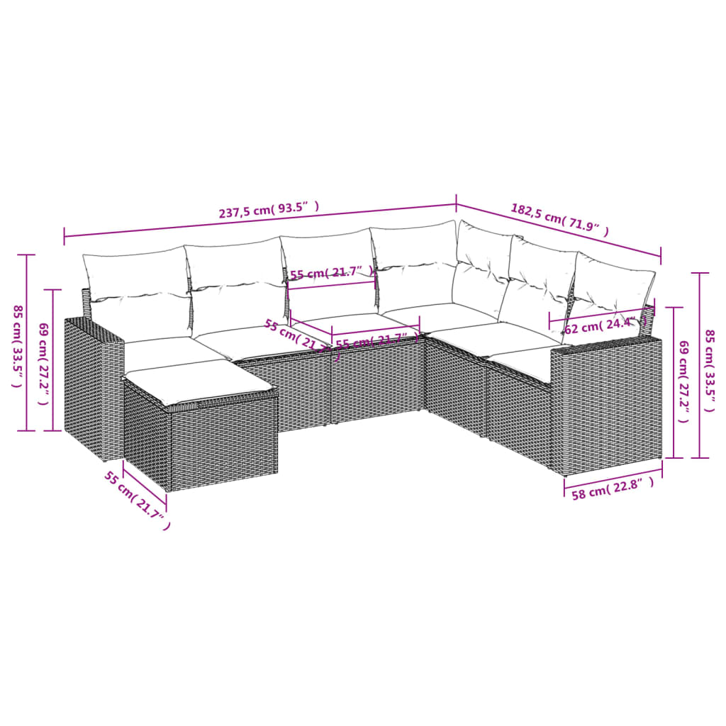 7-tlg. Garten-Sofagarnitur mit Kissen Beige Poly Rattan