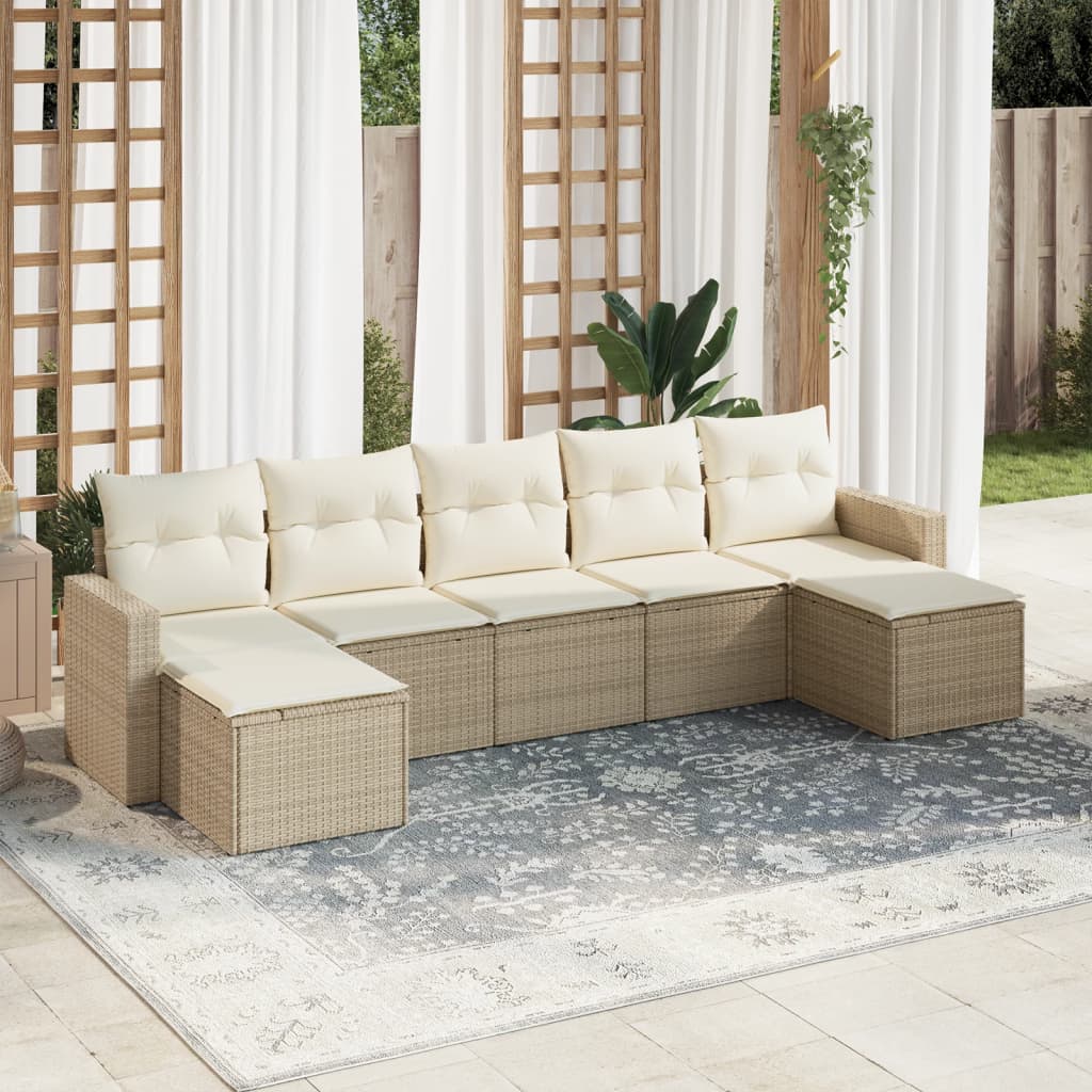 7-tlg. Garten-Sofagarnitur mit Kissen Beige Poly Rattan