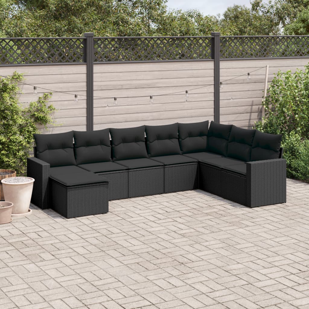 8-tlg. Garten-Sofagarnitur mit Kissen Schwarz Poly Rattan